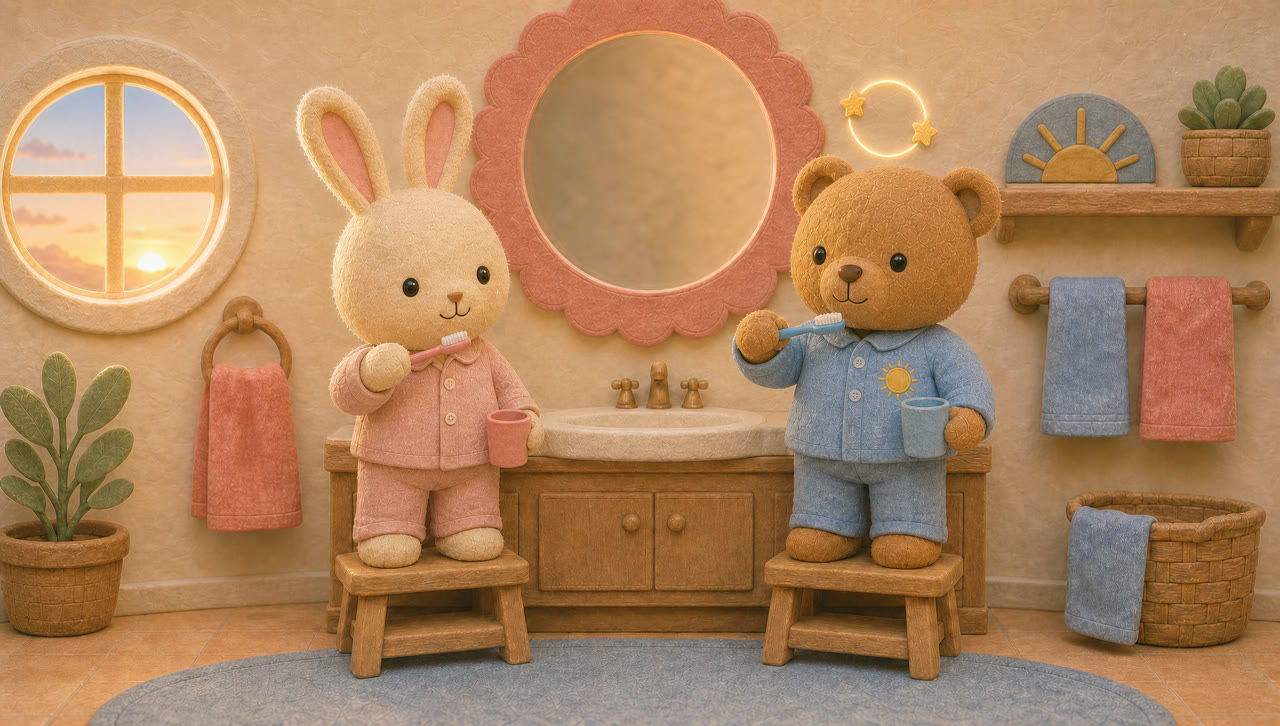Tuck and Park brushing their teeth together