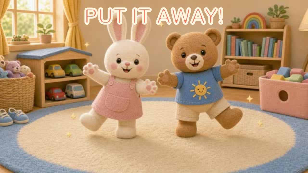 Tuck and Park putting toys away in their cozy playroom