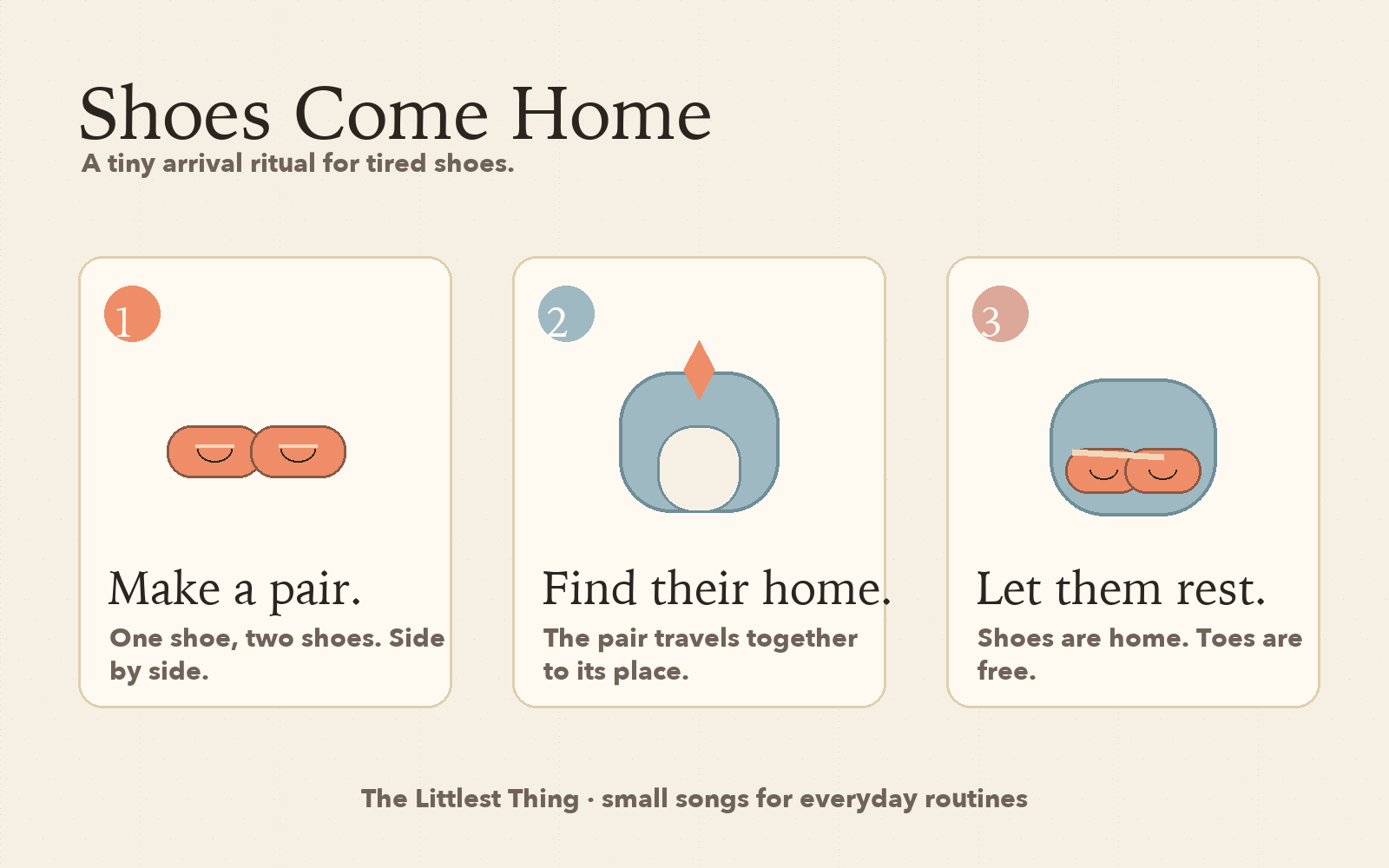 Shoes Come Home in three steps: make a pair, find their home, let them rest.