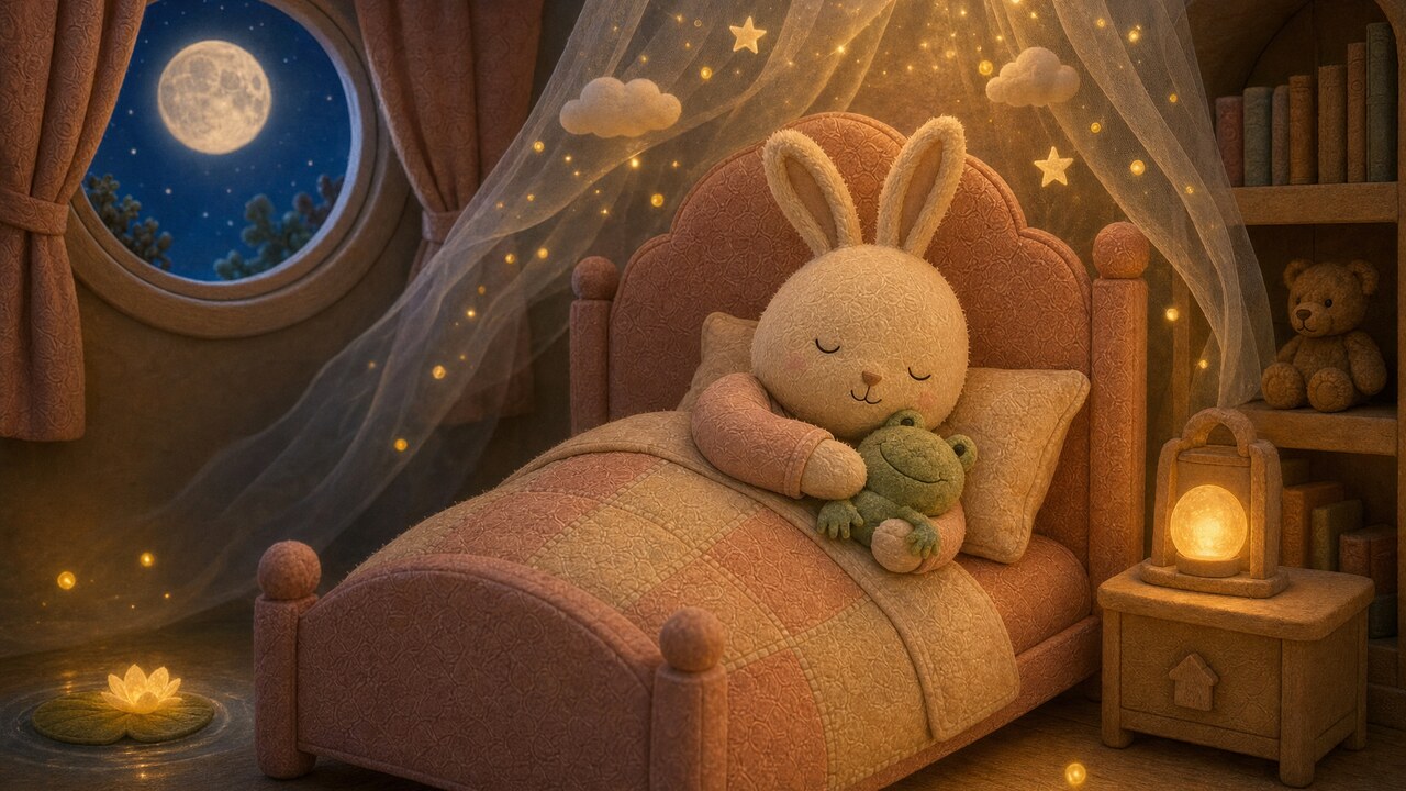 Tuck sleeping peacefully with a little frog beneath the moon