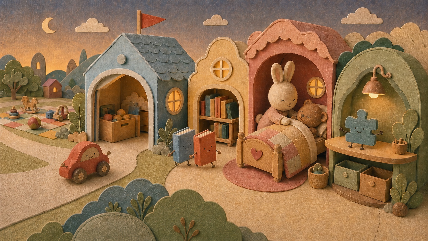 Tuck the bunny and Park the bear together in their warm storybook world